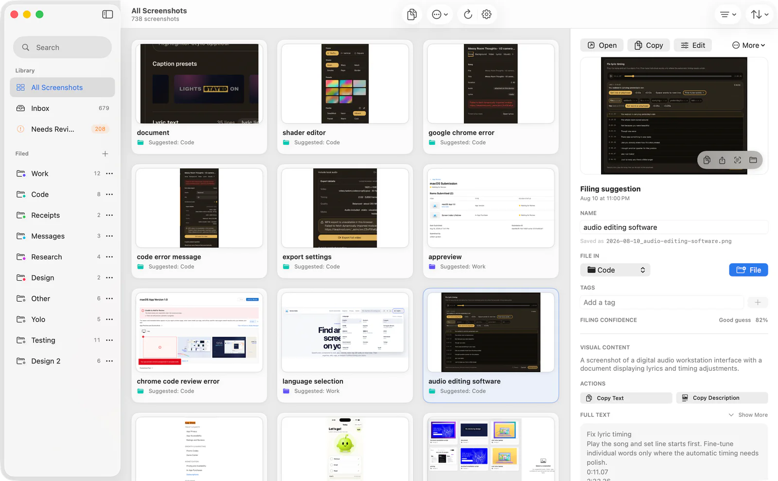 Screen Index product image showing folders and organized screenshots in its Library.