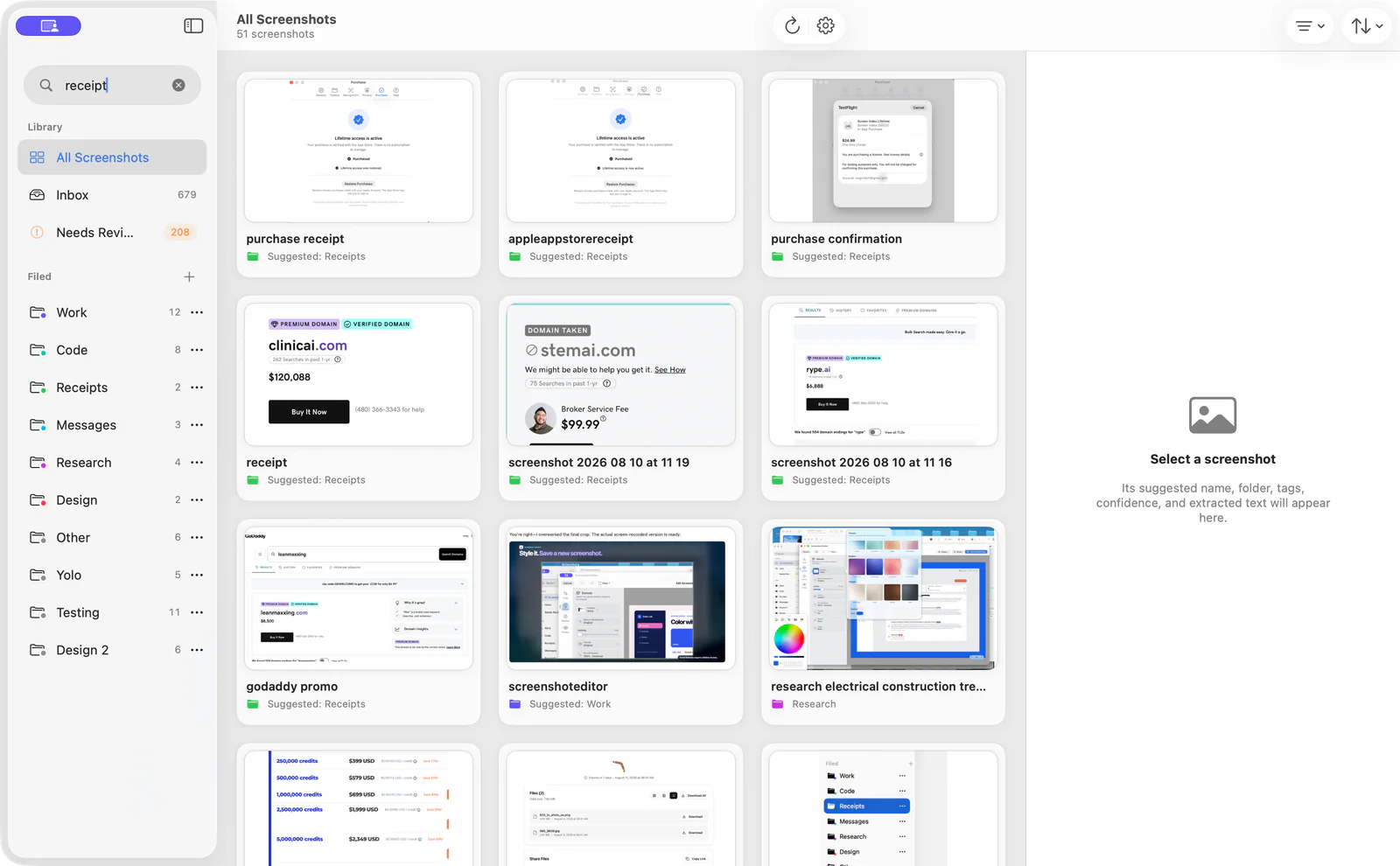Screen Index product image showing library search and saved screenshot results.