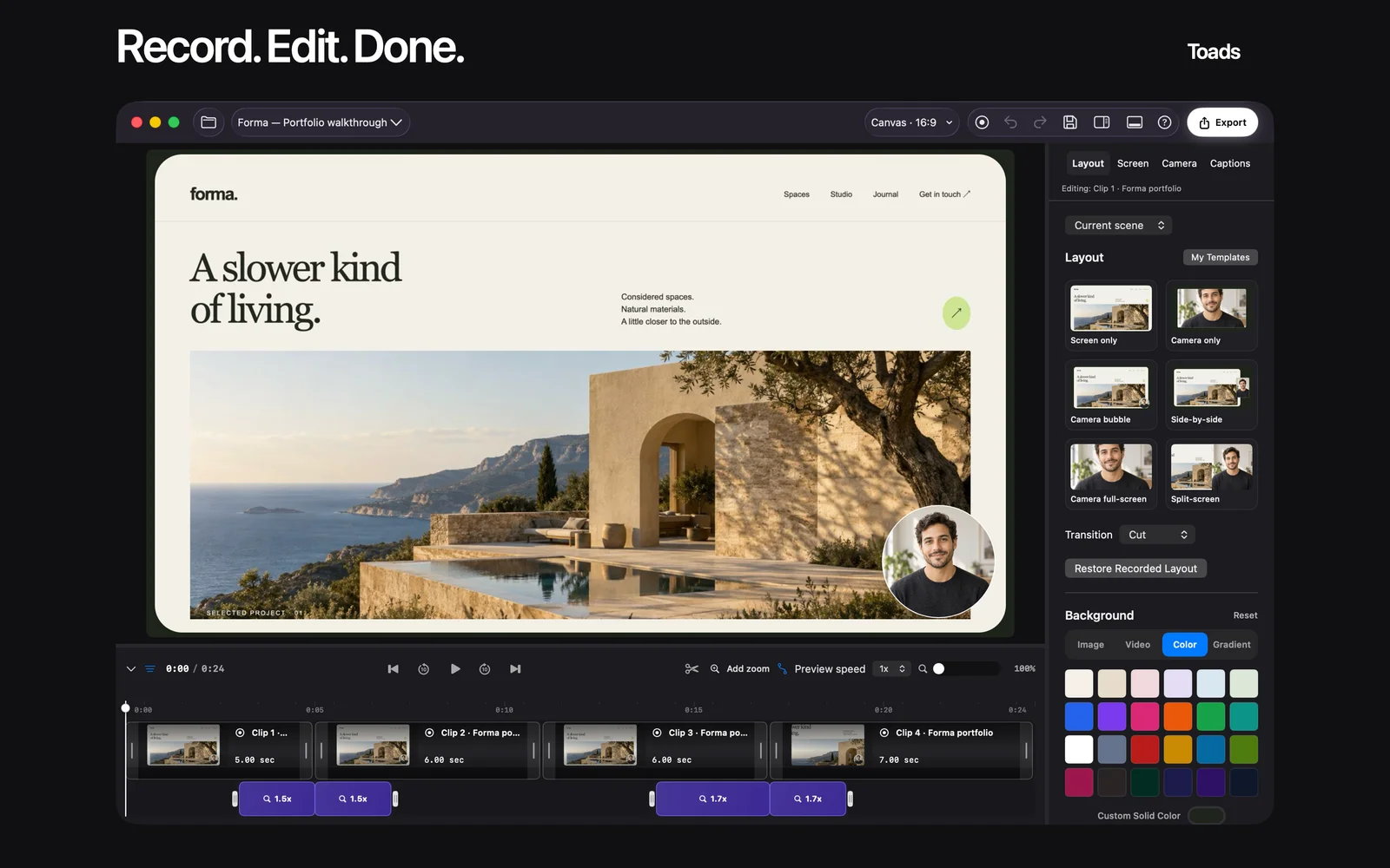 Toads product image showing the Mac editor and a timeline with several clips.